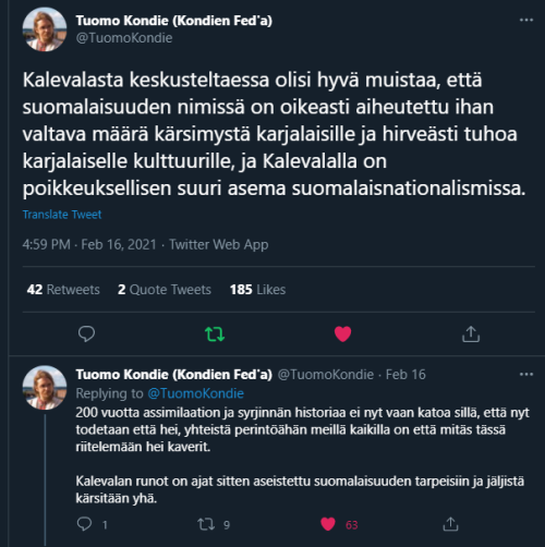 Tweets by Kondien Fed’a, karelian activist, linquistic and chairman of KNSWhen talking about Kaleval