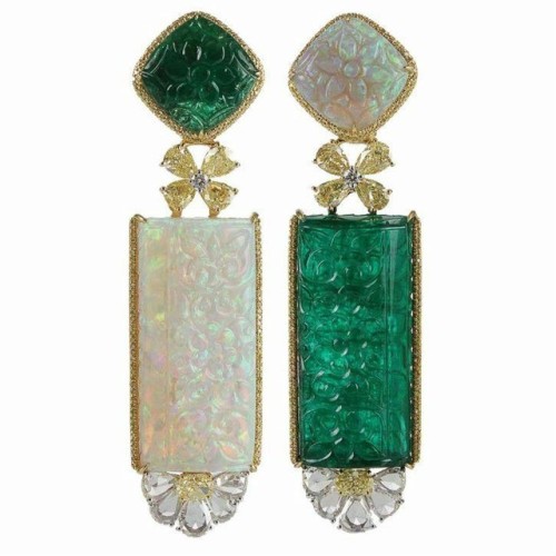 gemville:Arunashi Carved Emerald, Carved Opal, Yellow Diamond and Colorless Diamond Earrings These f