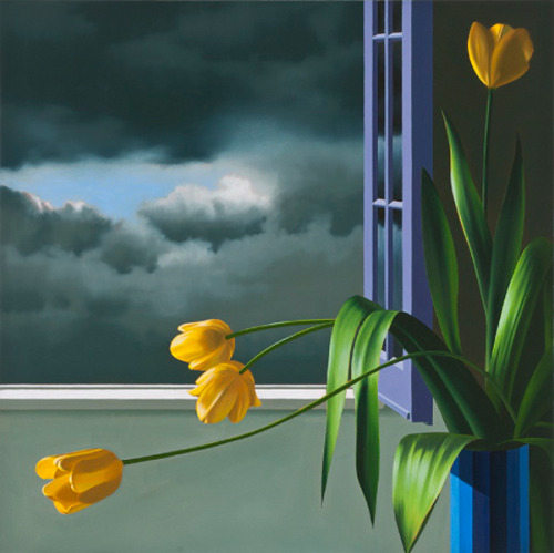 myfairynuffstuff:Bruce Cohen (b.1953) - Untitled (Yellow tulips, departing storm). 2011. Oil on canv