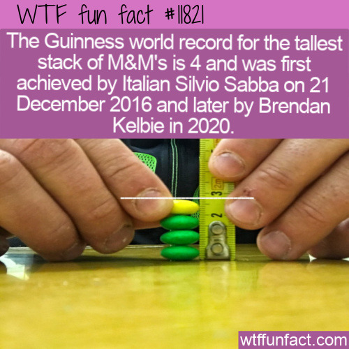 The Guinness world record for the tallest stack of M&M’s is 4 and was first achieved by It