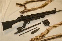 gunrunnerhell:  Both belts… A fully automatic HK 21E on a registered G3 receiver. This one has both the 7.62x51mm and 5.56x45mm kits to allow for caliber swaps. These are notoriously difficult to build because of the extra welding required to attach