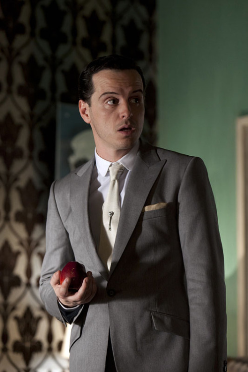 nixxie-fic:  Jim Moriarty Promo shots from BBC Sherlock Season Two Episode  ‘Reichenbach fall’ -  Also: Moriarty Apple with white bg Promo picture here: (x)  Reichenbach production stills:  (John in Court) (Sherlock & the reporter)  (Sherlock