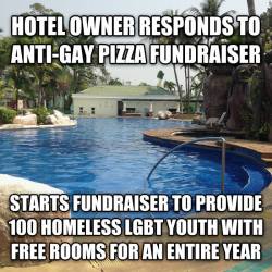 lesluvnlez:  A  hotel owner opposed to Indiana’s discrimination law has pledged to  provide free rooms to 100 homeless LGBT youth if we can raise 贄,000  online to pay for taxes and maintenance. We’re excited to announce US Uncut has partnered with