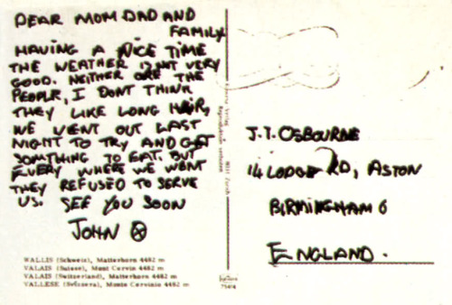 blacksabbth: Postcards Ozzy wrote to his parents while on tour during the 70s