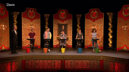 taskmastercaps:[ID: Three screencaps from Taskmaster. Alex Horne and the five contestants stand on t