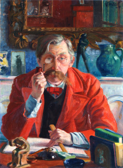 Georges Tribout (Belgian, 1884-1962) Emile Verhaeren in a red coat (Emile Verhaeren en redingote rouge), 1907Oil on cnavas