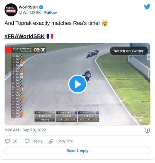 And Toprak exactly matches Rea's time! 🤯#FRAWorldSBK 🇫🇷 pic.twitter.com/IDMzD5Iqjx  — WorldSBK (@WorldSBK) September 10, 2022