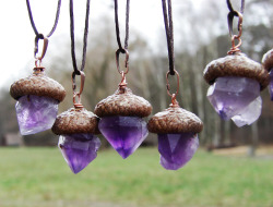 chieftainofthedunegays:  spaceforestcraft:  Nine amethyst acorn pendant were just listed in SpaceForestCraft on etsy. They’re a bit wider and more pointy at ends than previous ones - I figured out how to use crystals drilled through the top for them.