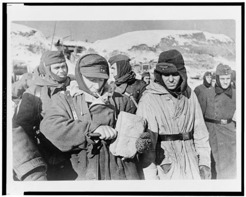 A German soldier cuts a large piece of bread while others watch, during the Battle of Stalingrad (Ru