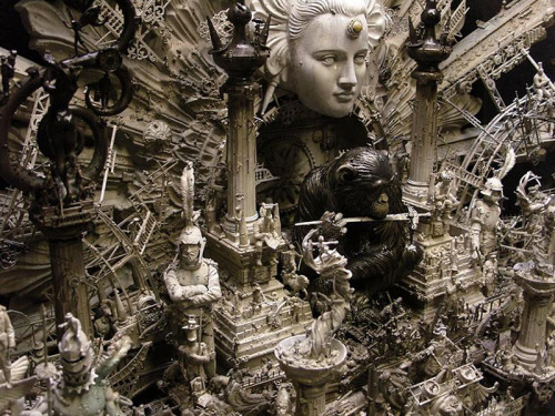 odditiesoflife:  Incredible Intricate Mixed Media Sculptures Kansas-based artist Kris Kuksi, previously featured on Curious History, opened his fourth solo show, Revival, at the Joshua Liner Gallery in New York on November 21st. Kuksi continues his use