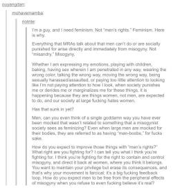 littlestfoxy:  sexxxisbeautiful:  lindsayetumbls:  arielvioletgillooly:  A post that brilliantly explains why “Men’s Rights Activists” are misguided and why the oppression that men face in our culture is not a result of “misandry” but of misogyny.