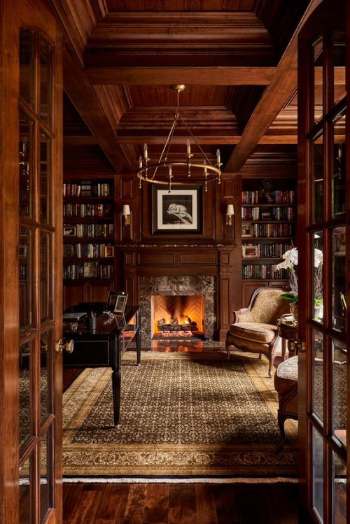 justforbooks: Walnut French doors open to reveal this classic paneled walnut luxury library. A coffe