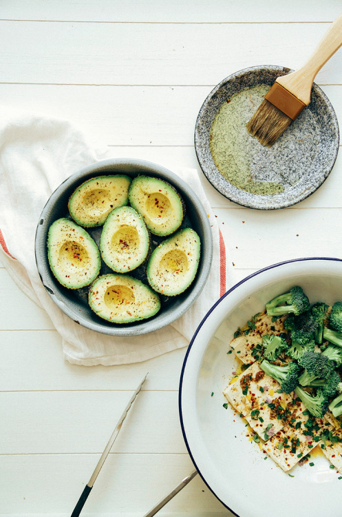 veganfoody:Charred Broccoli and Tofu Stuffed Avocados With Sweet Curry Lemon Sauce (GF)