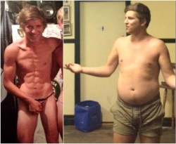 blogartus: gr8bods: https://joc3936.tumblr.com/ Striking evolution from skinny with abs to tubby with flab. 