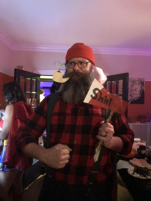 Out… and in my Halloween costume. A Quebecois lumberjack going to school to become a librarian 