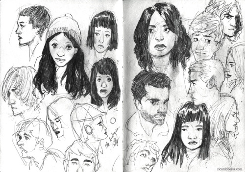 ricardobessa:  I’m done with my current sketchbook  and I filled quite a few pages with faces. Decided to collect some of my favourite spreads here, in no particular order. I’ve posted most of them already - first one is new, though. Seeing all