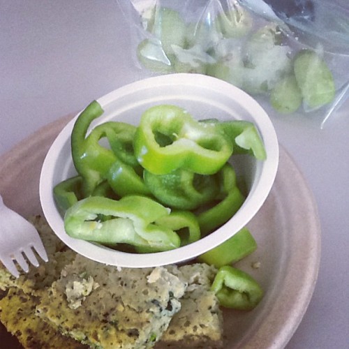 Brought lunch today! Moms zucchini squares, green peppers, and grapes!