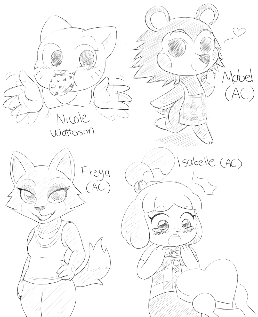 alfa995:  Sketches from today’s stream!Ahhhh Nicole and Isabelle and Doki and Katia