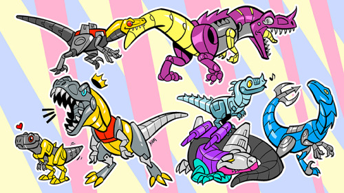 Wanted to draw some transformer theropods! Left to right, Slash, Cindersaur, Clobber, Grimlock, Over
