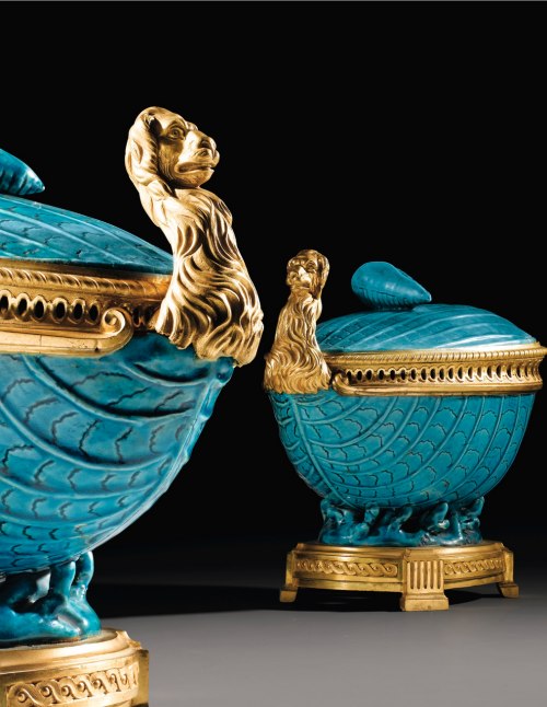 Hybrid objects - A gilt-bronze mounted chinese bleu céleste porcelain garniture composed of three po