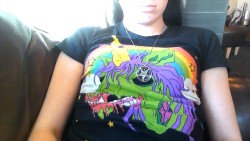 unicronkween:  Here’s a closeup of my zombie unicorn shirt. It’s br007al as fuq.  As I&rsquo;ve said in the past, I really enjoy her occasional street clothes posts.  She also looks exceptionally cute here, at least the portion of her face that we