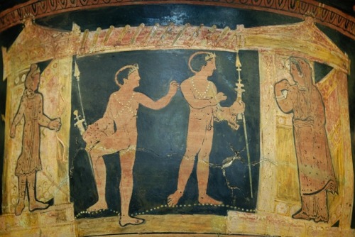 Orestes and Pylades arrive among the Taurians.  Detail from a Campanian red-figure krater, Group of 