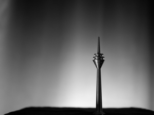 Brass made model of the Rhine Tower Düsseldorf, processed on an old, manual driven lathe machine.