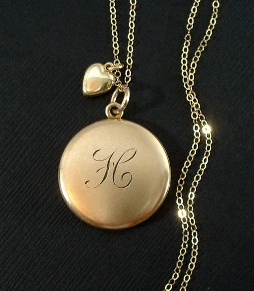 C.&amp;Co. Signed Antique Edwardian LOCKET Necklace Engraved Script Initial Round Shape, Puffy Heart