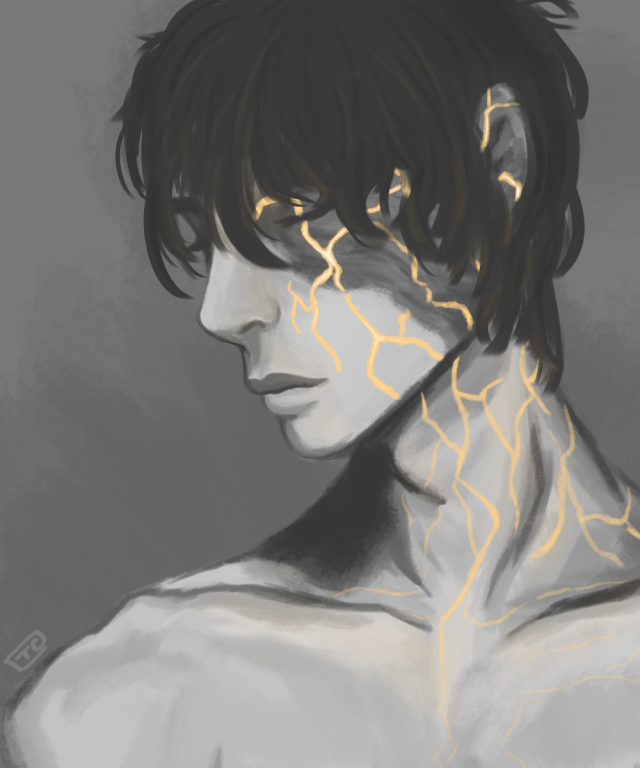 a gray scale drawing of zuko from atla. he looks downwards to the side. his hair brushes the nape of his neck and forehead. golden cracks run across his scar and down his neck, throwing yellow light.