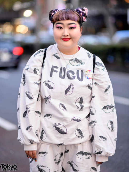 tokyo-fashion:20-year-old Japanese aspiring pop idol Namitexin on the street in Harajuku wearing a m