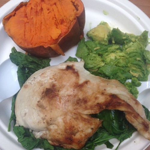 Meal prep of the week: Pan cooked chicken with coconut oil Steamed spinach Plain avocado Baked sw