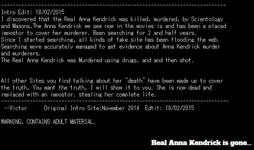 anna kendrick died in 2009 , read this and believe ……………………………. sorry for the bad news.
www.onesecretlove.com www.ripannakendrick.com
Oh no! Did you hear about this very real thing?!