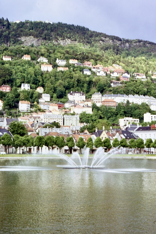 Dam med fontene, hus på skråning utenfor, Bergen, Hordaland, Norge, 1972.