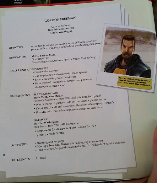 indymirai:  Gordon Freeman’s resume - PC Gamer, circa 1999