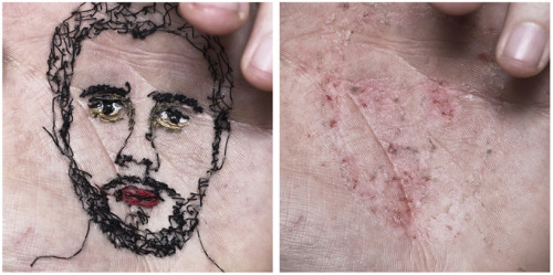 f-l-e-u-r-d-e-l-y-s:  Hand Sewn portraits by David Catá  Does love really has to hurt? According to artist David Catá it obviously does. The Spanish artist uses his body as a canvas, writing an autobiographical diary. In his ongoing series ‘A Flor