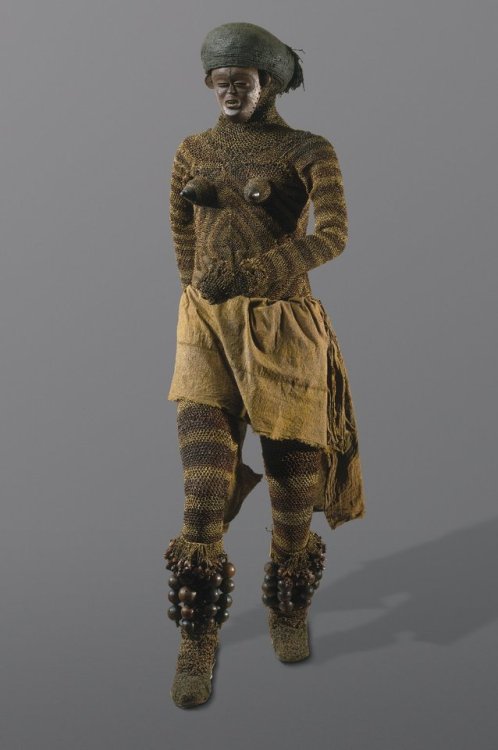 Likishi dance costume of the Luvale people, Zambia, including the mwana pwevo mask and a pair of rat