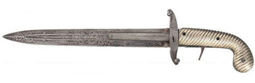 Unique double barrel percussion dagger pistol with etched blade, early to mid 19th century.Sold at a