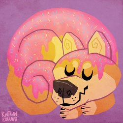 commodorepompadour:Something I did mega fast so I could hop onto a button deal. My dog sleeps like a donut so I thought it would be fun to draw a donut dog. (She’s a basenji mix but shibas seem to be popular?)