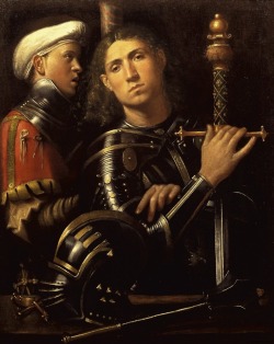 galleryofunknowns: Giorgio da Castelfranco, also known as Giorgione (b.1477-d.1510), ‘The “Gattamelata”, or, Man in Armour with a Squire’, c.1501 or 1502, oil on canvas, Italian, currently in the collection of the Uffizi Gallery, Florence, Italy.