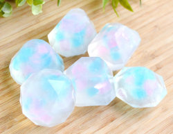 cute-thangsss:Opal gem soaps.  Opal is the birthstone of October, and these soaps will make the perfect birthday gift for her, or even beautiful princess party favors. These homemade soaps are made with pink, blue, shimmer white and cosmetic glitter.