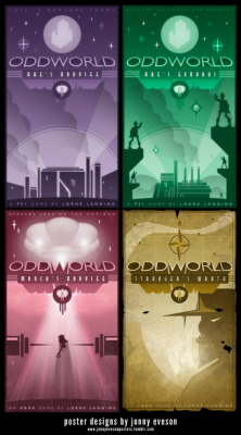 seancats:  http://ameba2k.deviantart.com/art/All-Oddworld-Art-Deco-Posters-174796435 This artist also does some pretty awesome Doctor Who posters.   Oh wow, these are amazing!