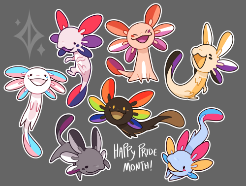 diadraws: happy pride month! i drew some colorful axolotls that can be bought as stickers. check the