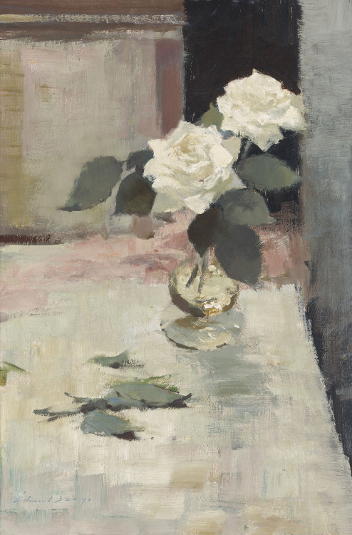 oncanvas:White Roses, Edward Seago, 20th centuryOil on board23 ¾ x 15 ½ in. (60.3 x 39.3 cm)