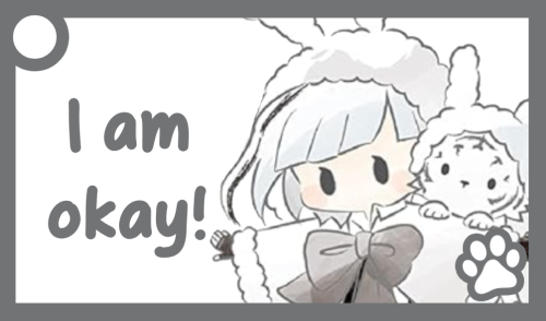 A grey communication card of Atsushi. The text reads: 'I am okay!'