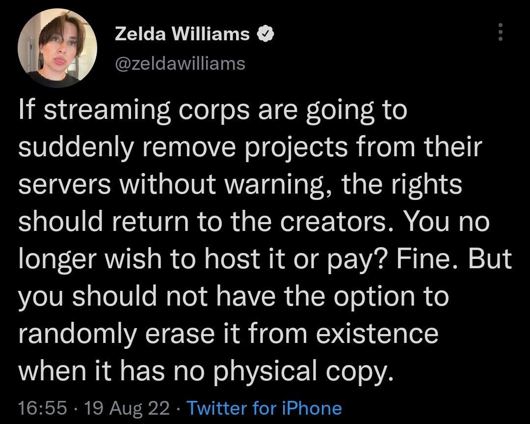 thundergrace:Zelda is right. Return the rights. They’re taking off all this shit for tax purposes and so that they don’t have to pay residuals but worse than that, for a great deal of projects, they also own the rights meaning these projects