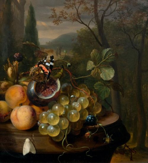 Jan Mortel, still life with apricots, grapes, fig and butterfly, 1693. Koller Auctions