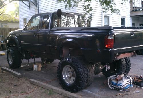 ponies-n-stuff:  1995 Ford Ranger Stepside that ended up being something completely different. The builder (Billy Diesel) converted the truck to a 7.3L twin turbo diesel v8, added stacks, lifted it a bit, converted the front end to a newer Ranger, then