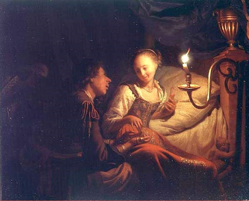 A Candlelit Scene: A Man Offering a Gold Chain and Coins to a Girl on a Bed, Godfried Schalcken, ca.