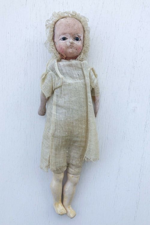 wildbeautifuldamned: Antique 8.5 German Baby Papier Mache Head doll w Cloth Stuffed Body, Glass eyes