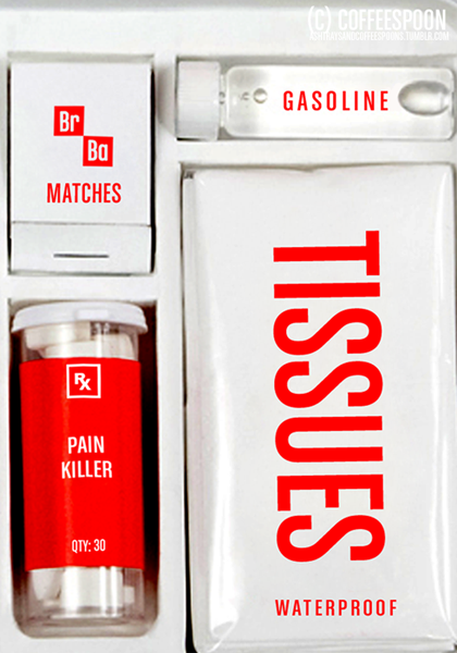  queenruinedmylife: BREAKING BAD - Finale Emergency Kit #are the matches and gasoline for fucking lighting myself on fire 